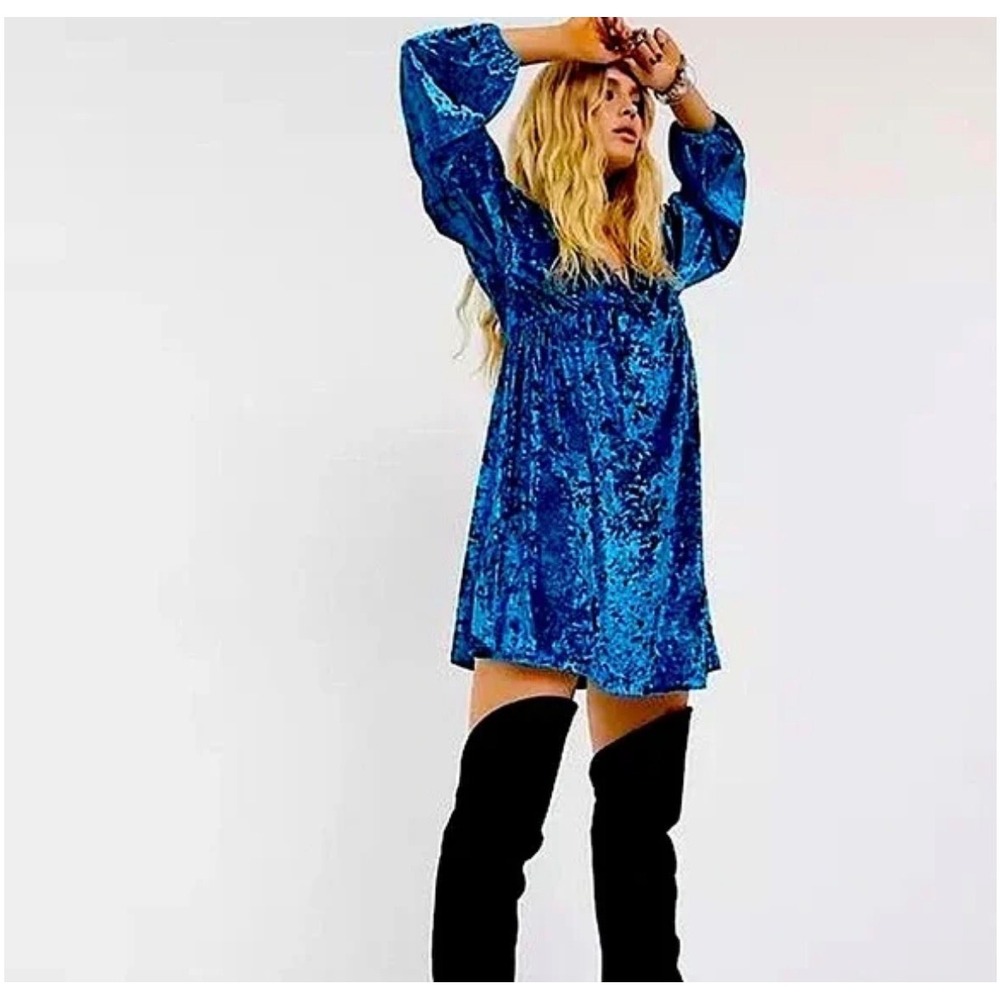 ASOS Velvet V Neck Long Sleeve Babydoll Mini Dress Royal‎ Blue Size US 4